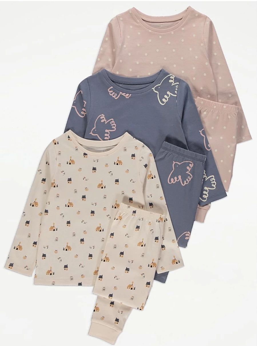 George at Asda Kids' Dove 3-Pack Long Sleeve Pyjamas Set - Comfortable & Soft Sleepwear for Children