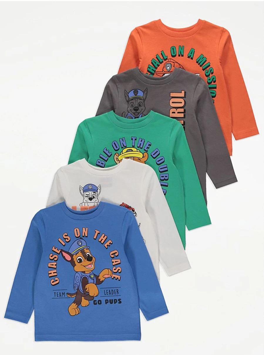 Paw Patrol 5-Pack Kids' Long Sleeve Tops | George at Asda | Official Character Apparel