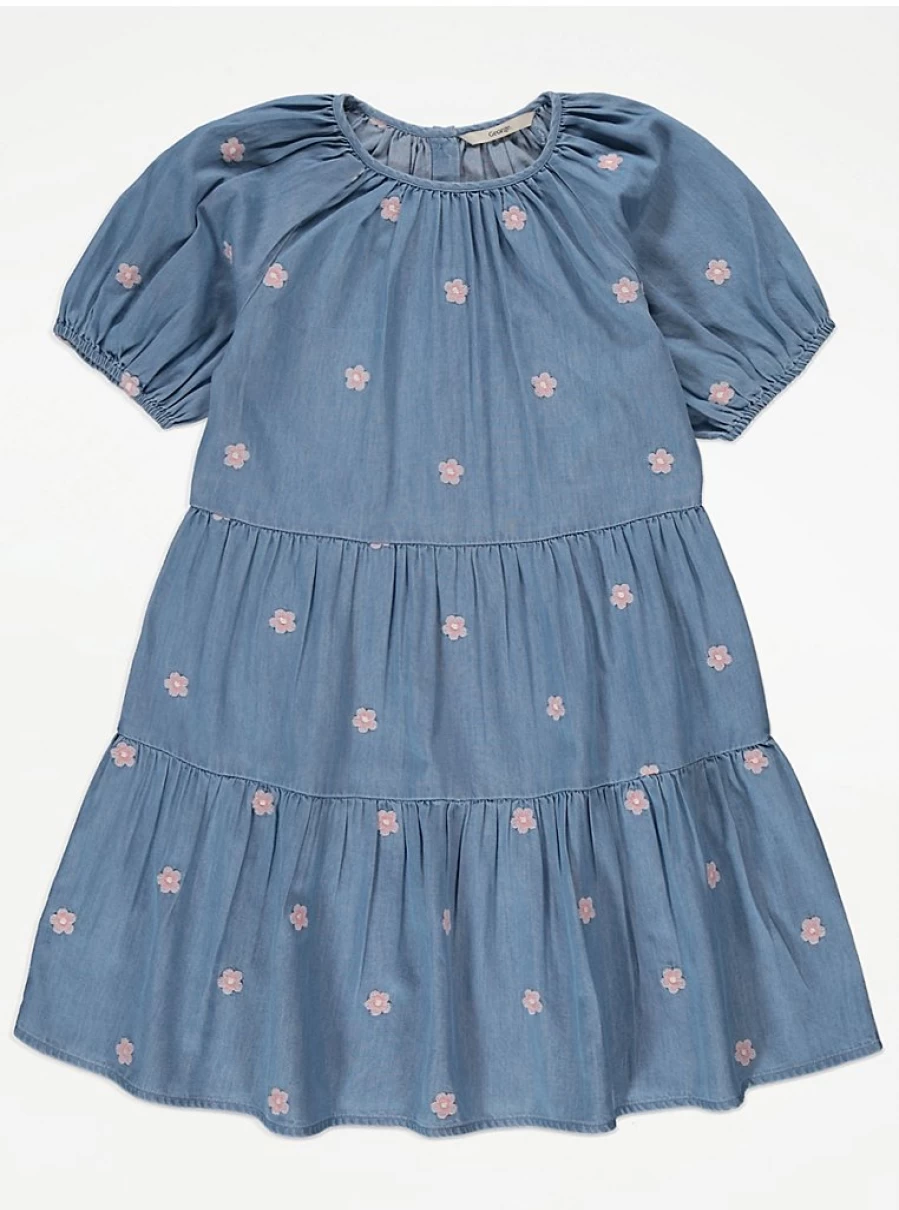 "George at Asda Girls' Blue Denim Floral Puff Sleeve Tiered Dress – Cute & Comfortable Kids Dress"