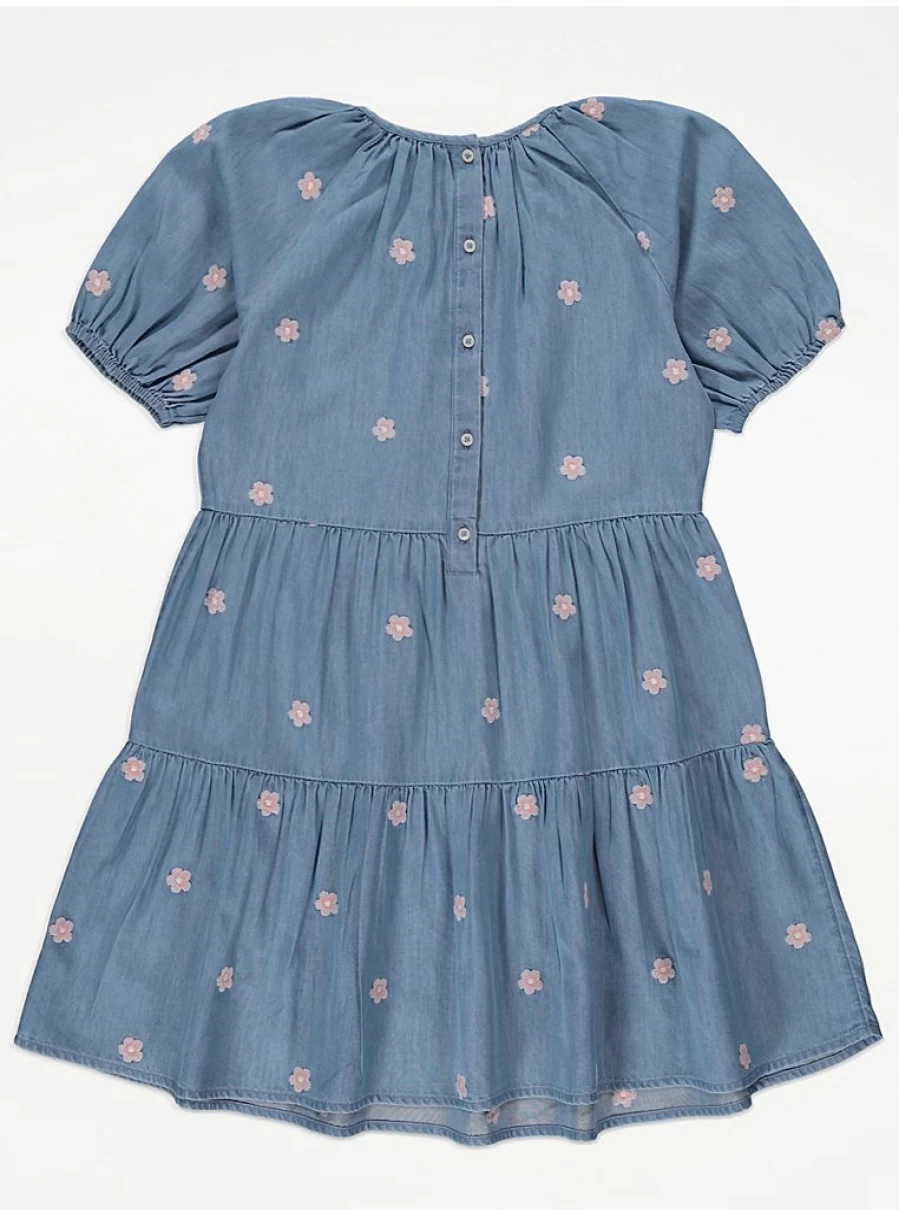 "George at Asda Girls' Blue Denim Floral Puff Sleeve Tiered Dress – Cute & Comfortable Kids Dress"