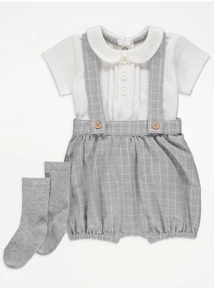 "George at Asda Boys Grey Checked Bib Shorts Bodysuit & Socks Outfit – Baby Outfit Review"