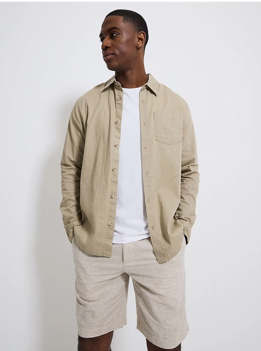 "George at Asda Men's Beige Linen Long Sleeve Shirt – Comfort & Style"