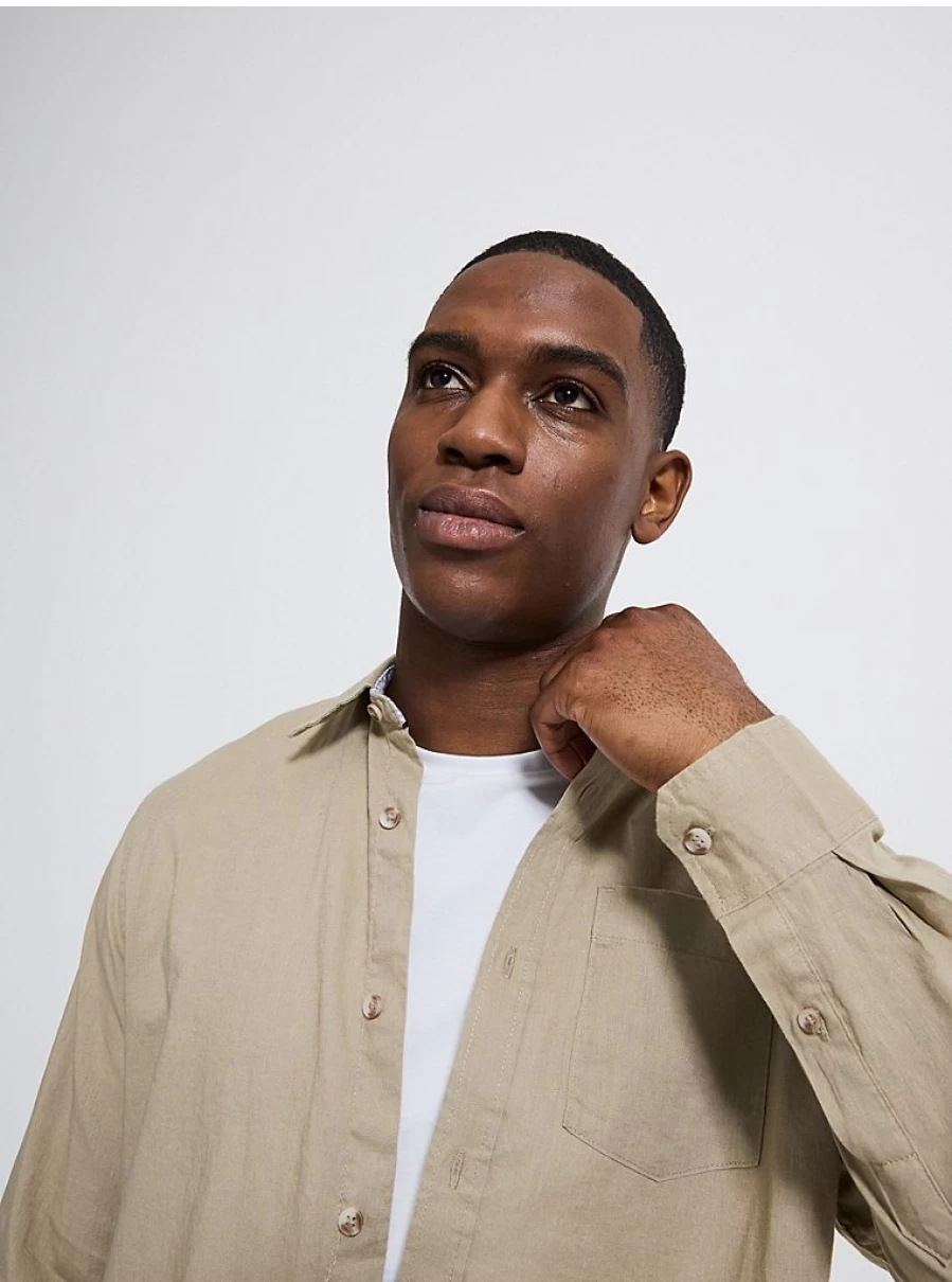 "George at Asda Men's Beige Linen Long Sleeve Shirt – Comfort & Style"