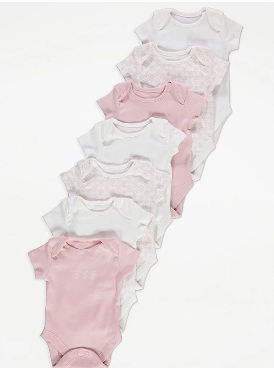 "George at Asda Baby Girls' 7-Pack Pink Floral Short Sleeve Bodysuits | Soft Cotton Onesies"