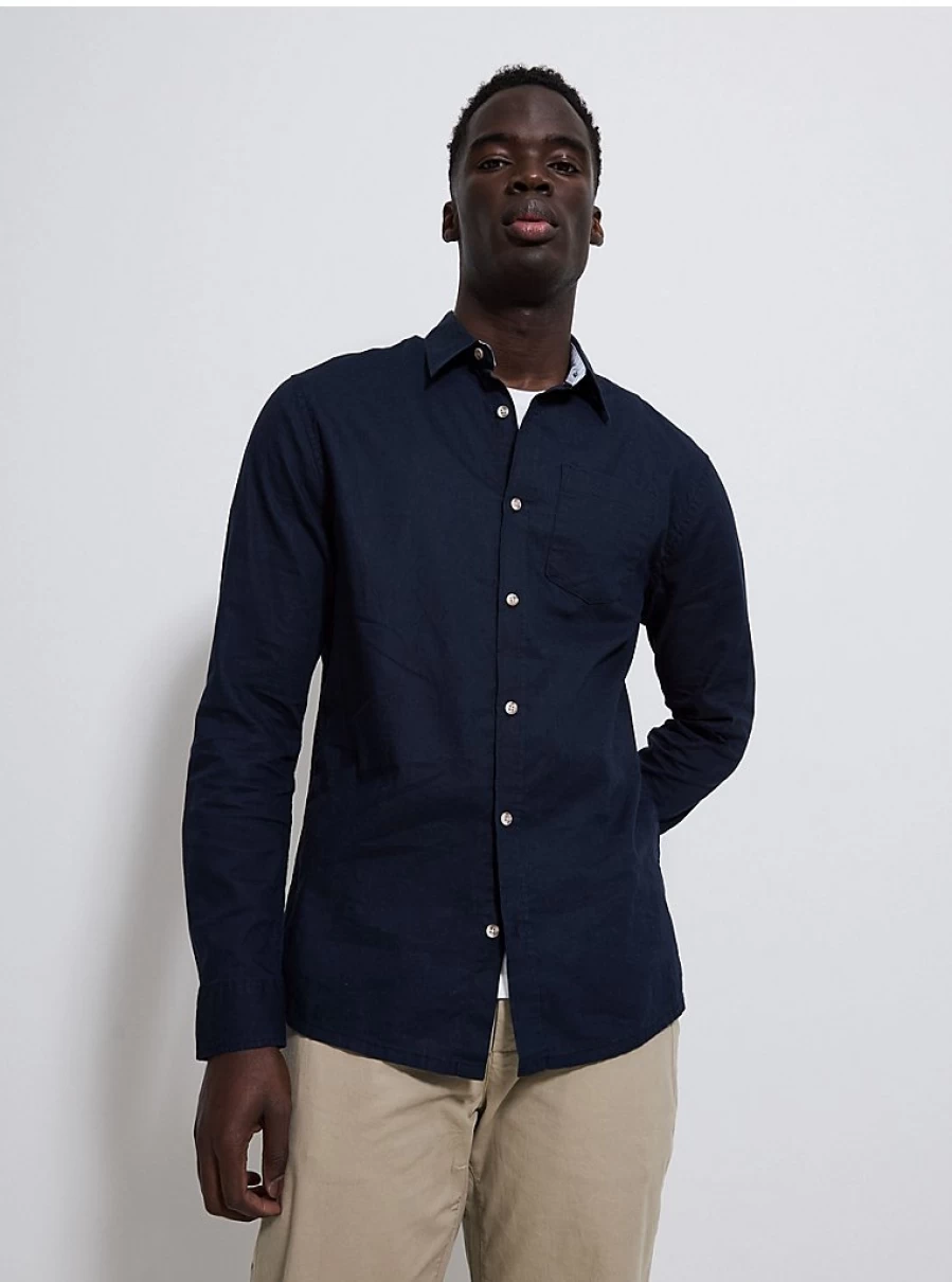 Men's Navy Blue Linen Blend Long Sleeve Shirt by George at Asda | Comfort & Style