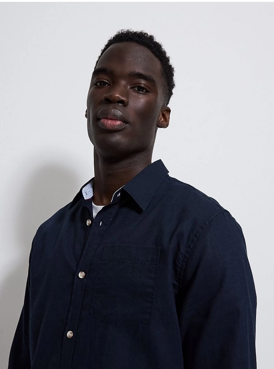 Men's Navy Blue Linen Blend Long Sleeve Shirt by George at Asda | Comfort & Style