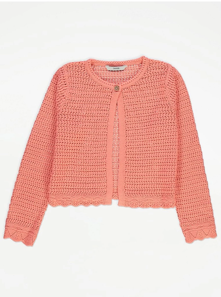 "George at Asda Kids Coral Crochet Cardigan with Scalloped Edges & Single Button"