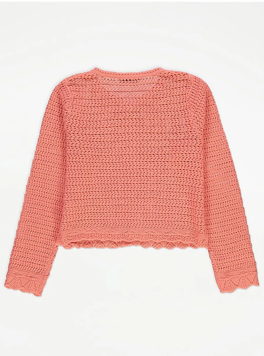 "George at Asda Kids Coral Crochet Cardigan with Scalloped Edges & Single Button"