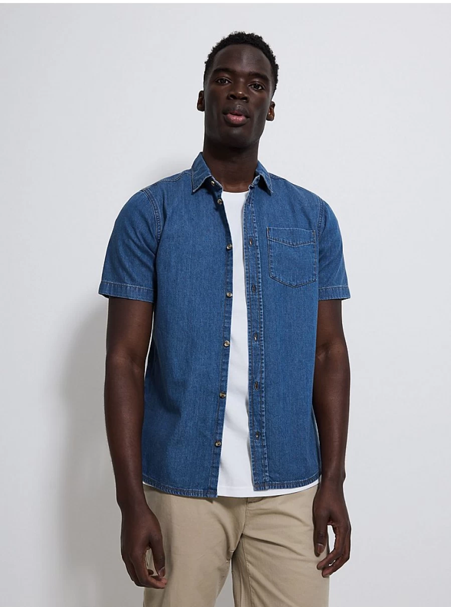 Men's Mid Blue Denim Short Sleeve Casual Shirt by George at Asda – Comfort & Style
