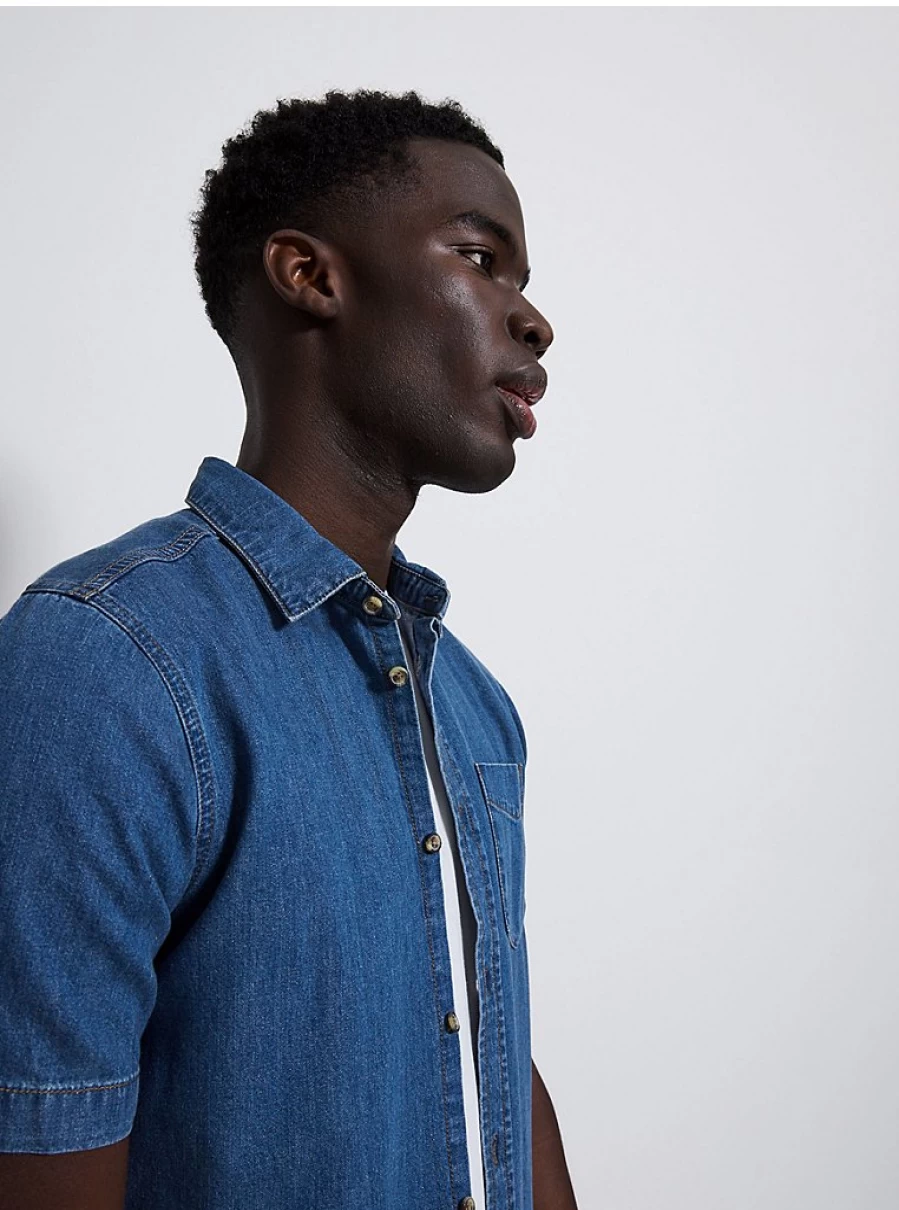 Men's Mid Blue Denim Short Sleeve Casual Shirt by George at Asda – Comfort & Style