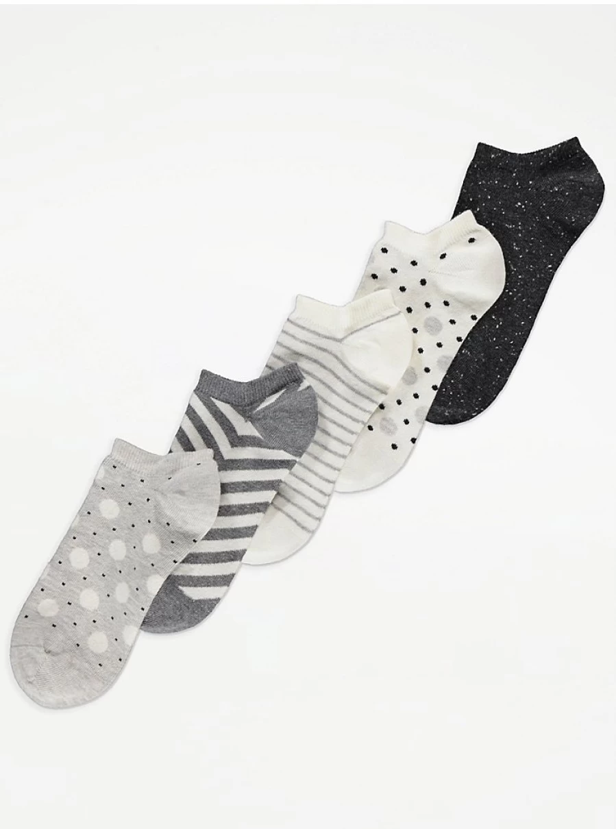 "George at Asda Grey Patterned Shoe Liner Socks 5 Pack - Comfortable No-Show Socks for Men & Women"