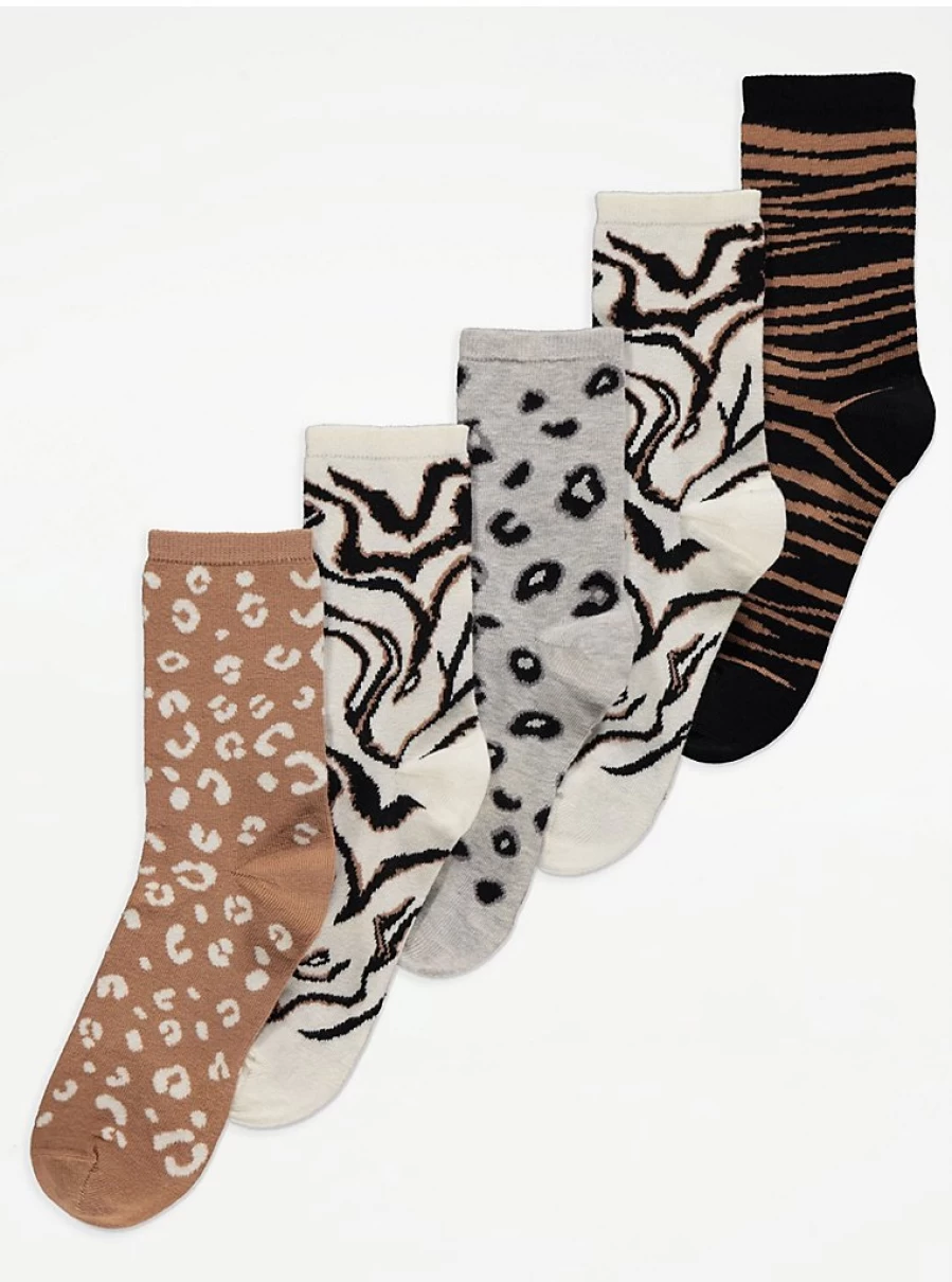 "George at Asda Neutral Animal Print Ankle Socks 5 Pack - Comfortable Casual Socks for Men & Women"
