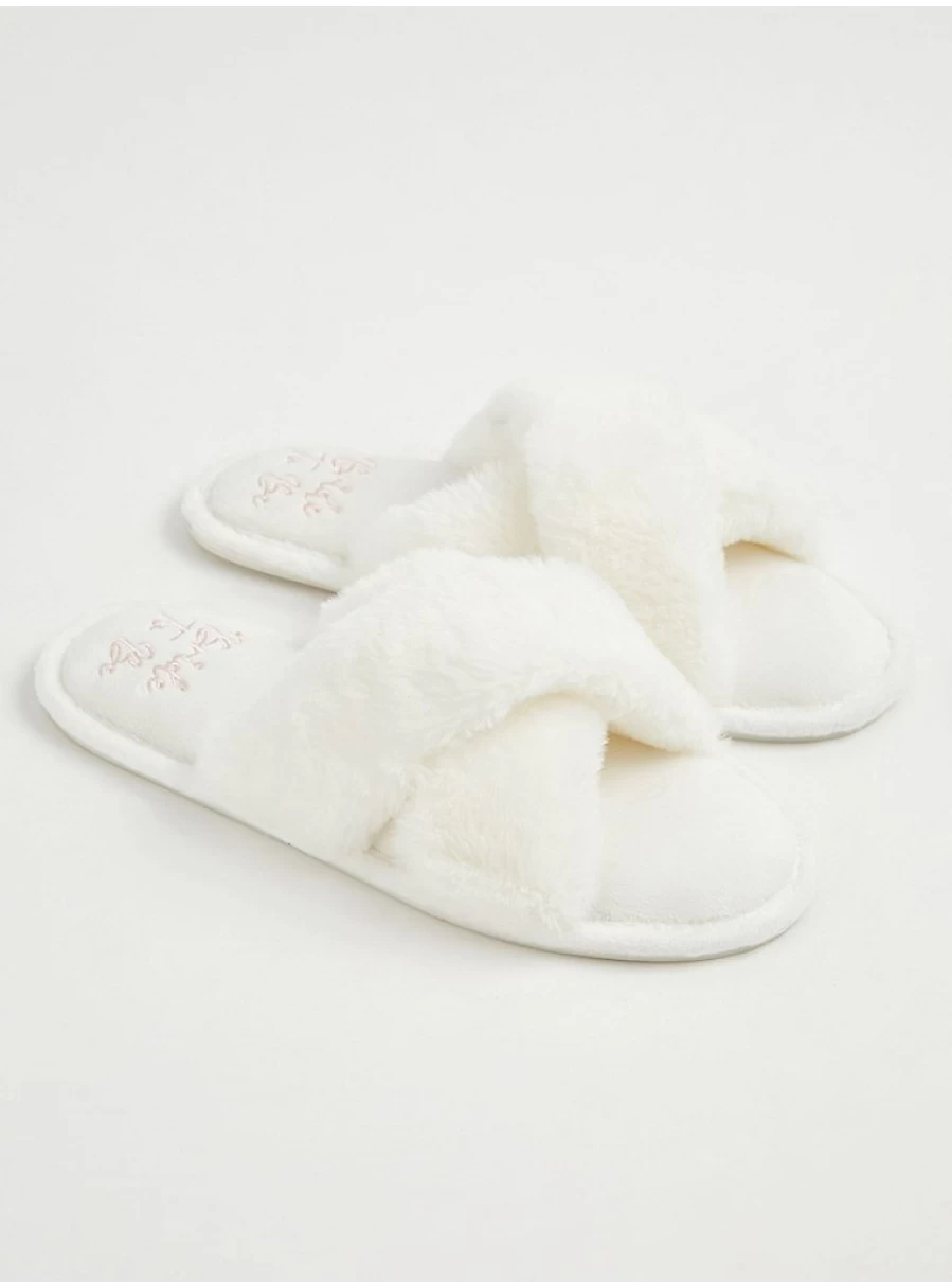 "George at Asda White Faux Fur Bridal Slippers for Women – Comfortable Wedding Slide Sandals"