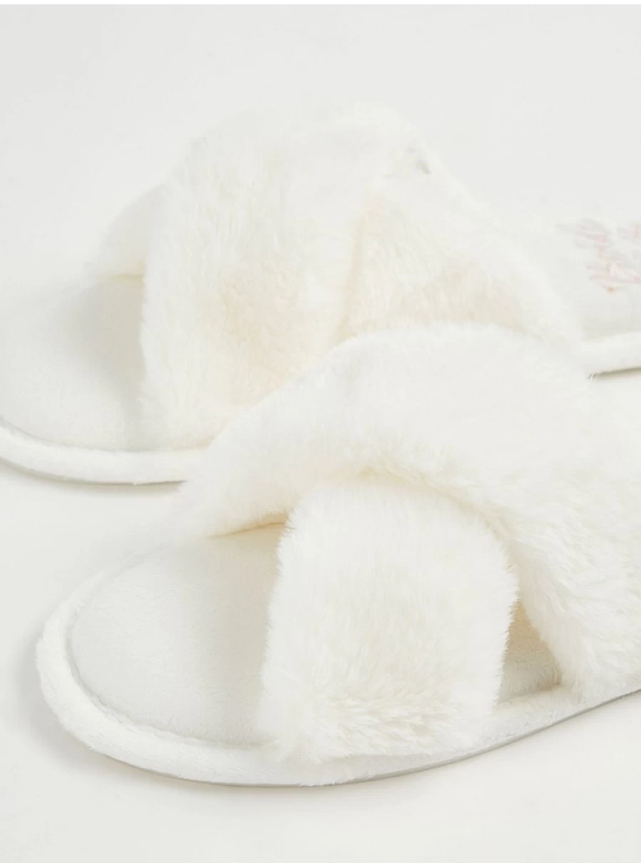 "George at Asda White Faux Fur Bridal Slippers for Women – Comfortable Wedding Slide Sandals"