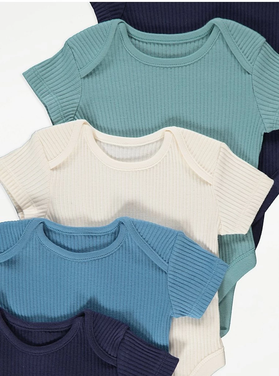 "George at Asda Baby Ribbed Short Sleeve Bodysuits 5-Pack – Soft Cotton Onesies for Infants"