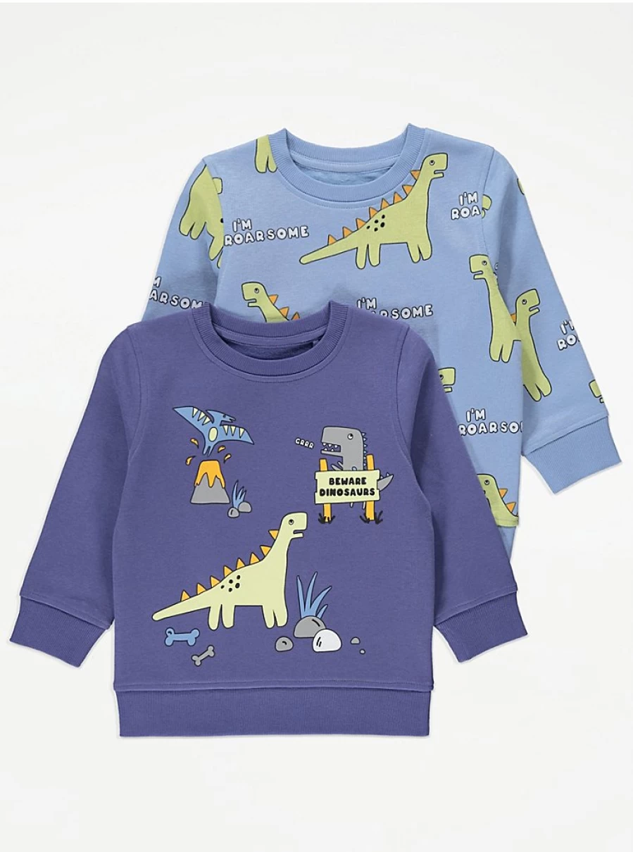 George at Asda Boys' Blue Dinosaur Sweatshirts 2-Pack - Kids' Casual Pullover Hoodies