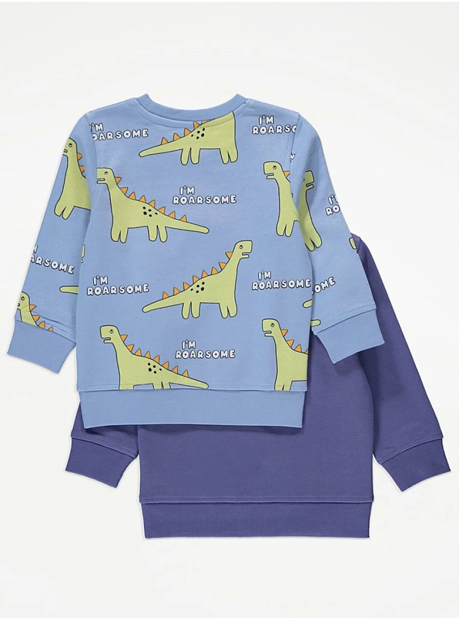 George at Asda Boys' Blue Dinosaur Sweatshirts 2-Pack - Kids' Casual Pullover Hoodies