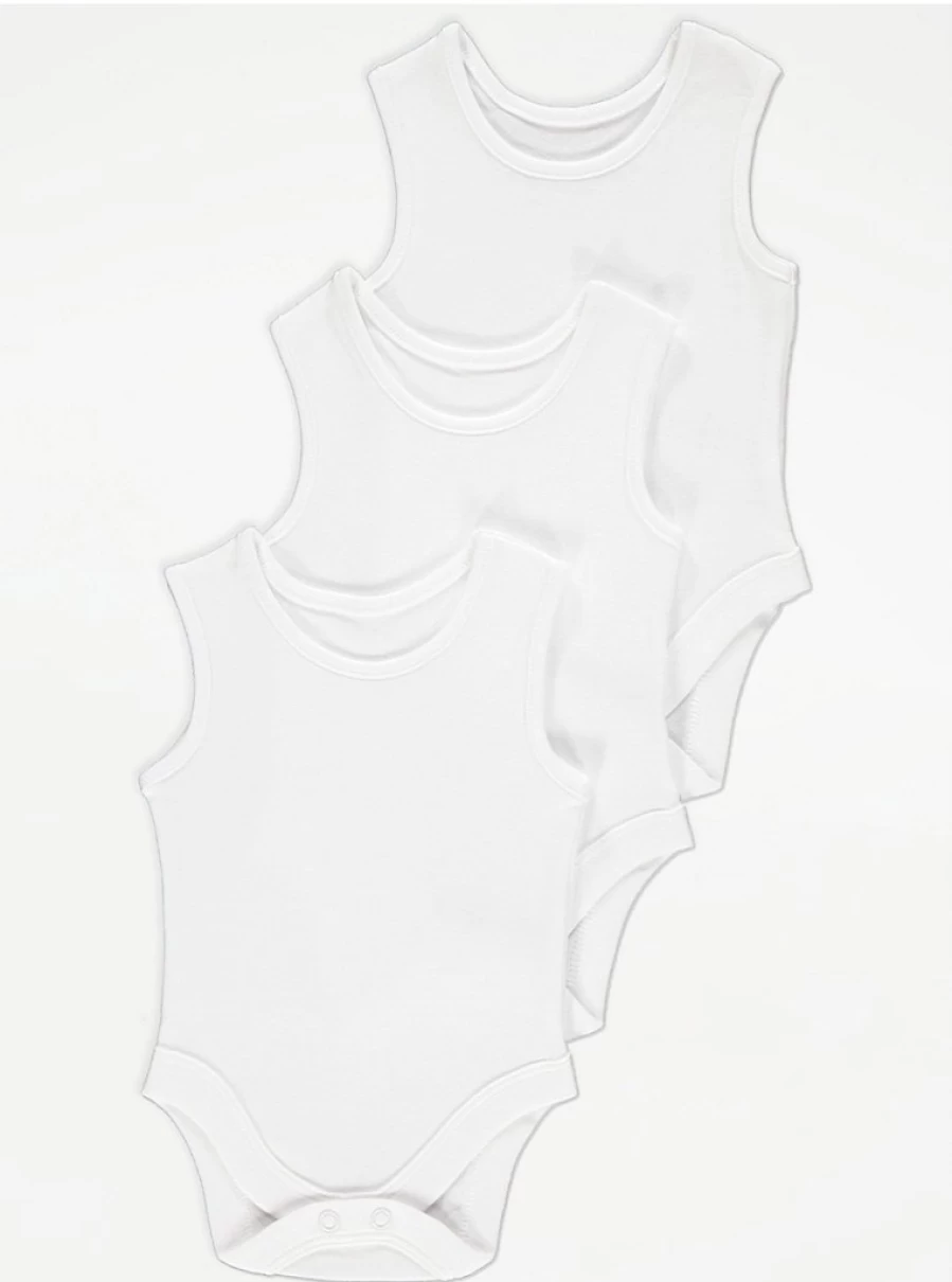 "George at Asda Baby White Sleeveless Bodysuits 3-Pack – Soft & Comfortable Infant Essentials"
