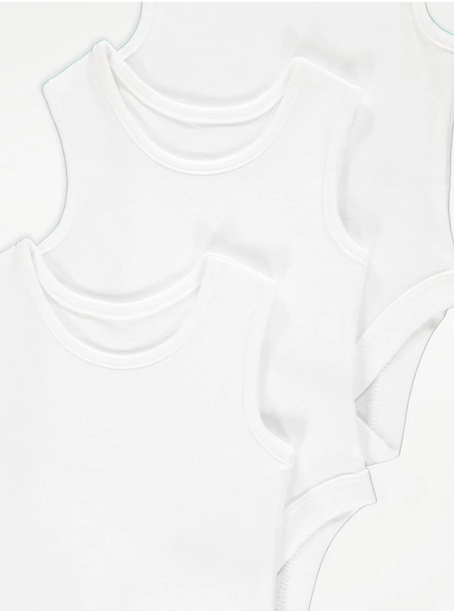 "George at Asda Baby White Sleeveless Bodysuits 3-Pack – Soft & Comfortable Infant Essentials"