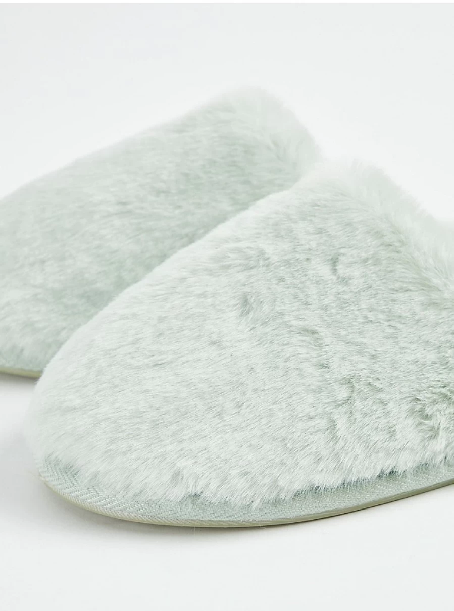 "George at Asda Mint Green Faux Fur Mule Slippers - Cozy Indoor & Outdoor Comfort"