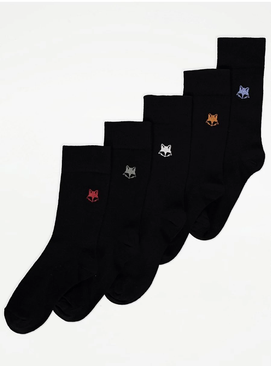 George at Asda Men's Black Fox Embroidered Socks 5-Pack - Comfort & Style Multipack