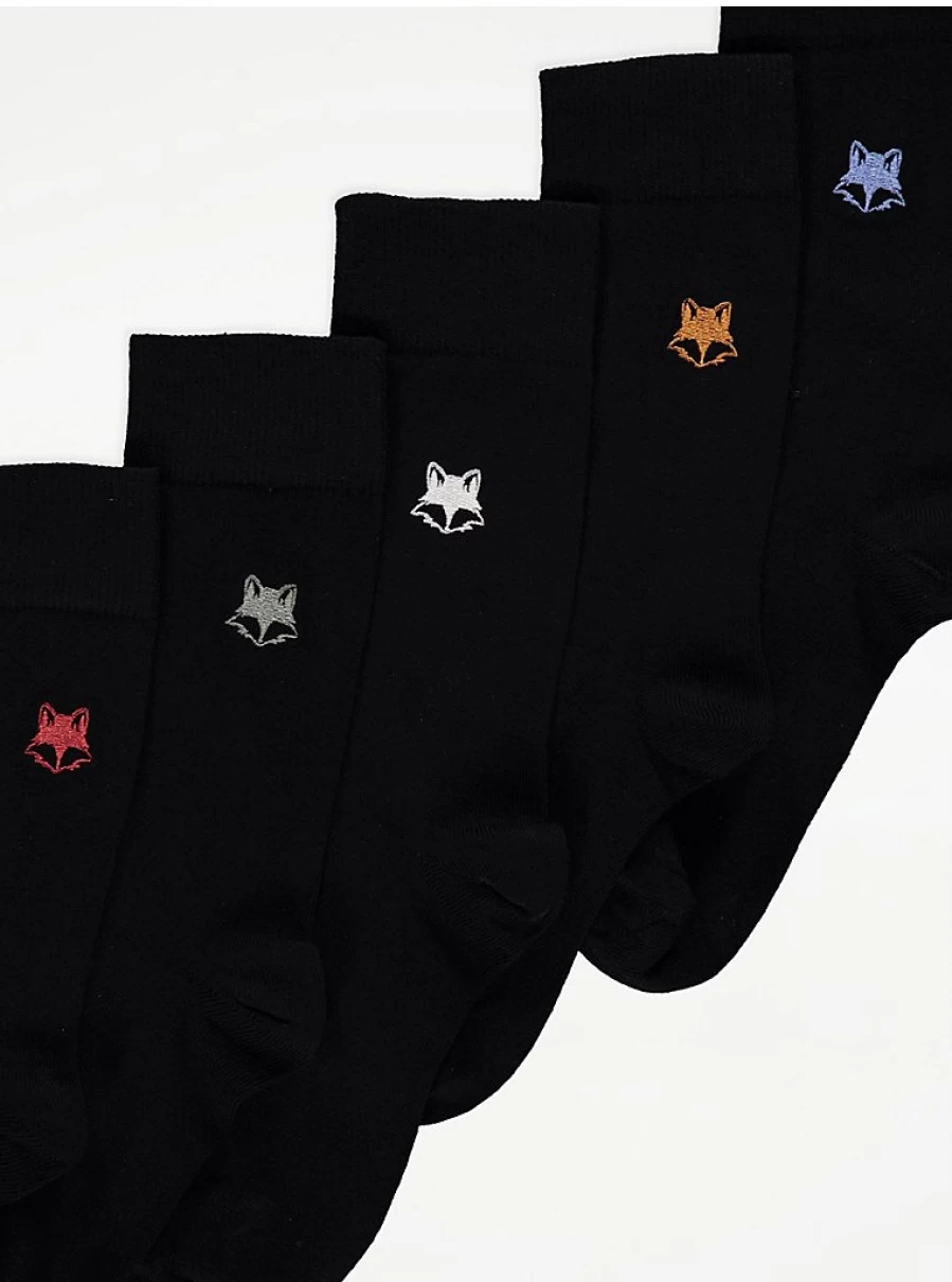 George at Asda Men's Black Fox Embroidered Socks 5-Pack - Comfort & Style Multipack