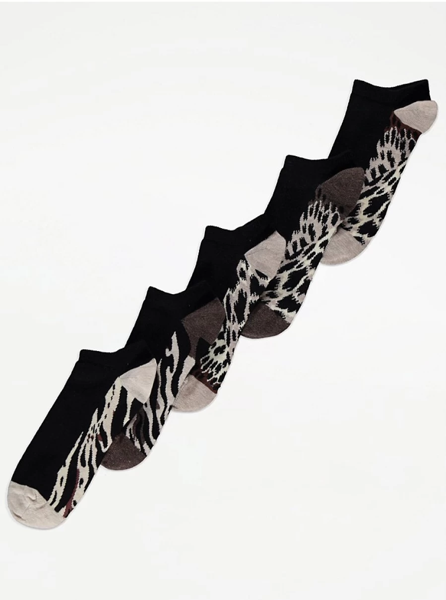 George at Asda Black Animal Print Trainer Liner Socks 5 Pack - Breathable No-Show Socks for Sports & Casual Wear