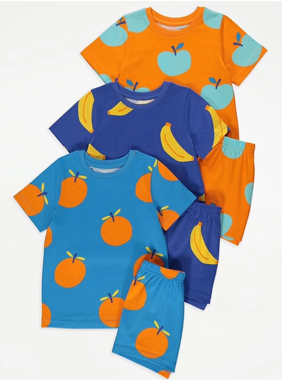 "George at Asda Boys' Fun Fruit Print Short Pyjamas 3-Pack – Comfortable Kids Sleepwear Set"