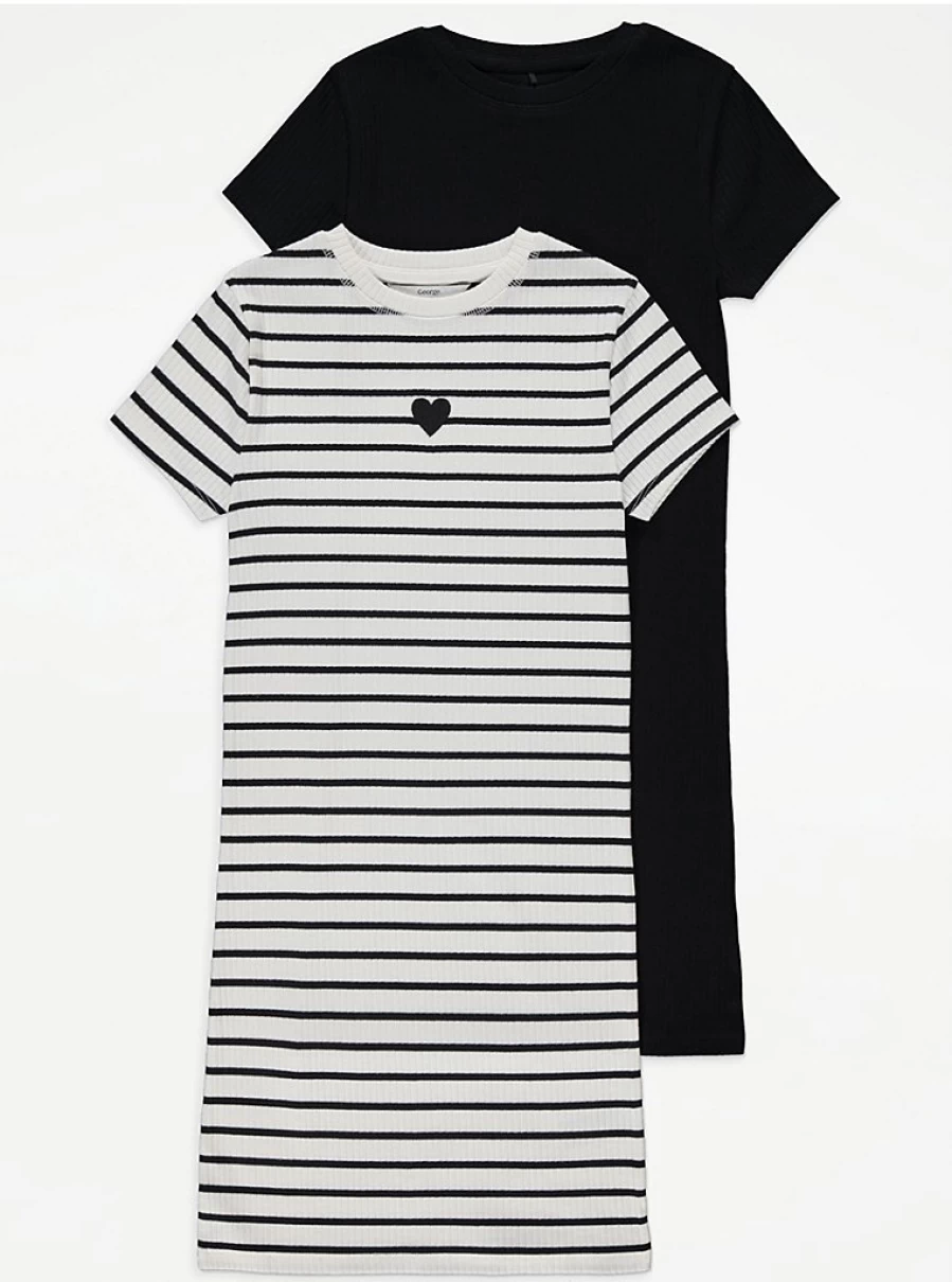 "George at Asda Girls' 2 Pack Mono Stripe Ribbed Short Sleeve Dresses for Kids"