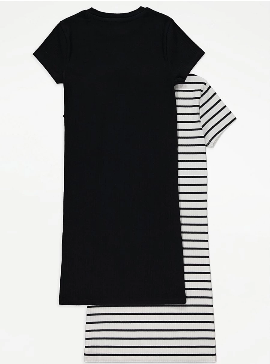 "George at Asda Girls' 2 Pack Mono Stripe Ribbed Short Sleeve Dresses for Kids"
