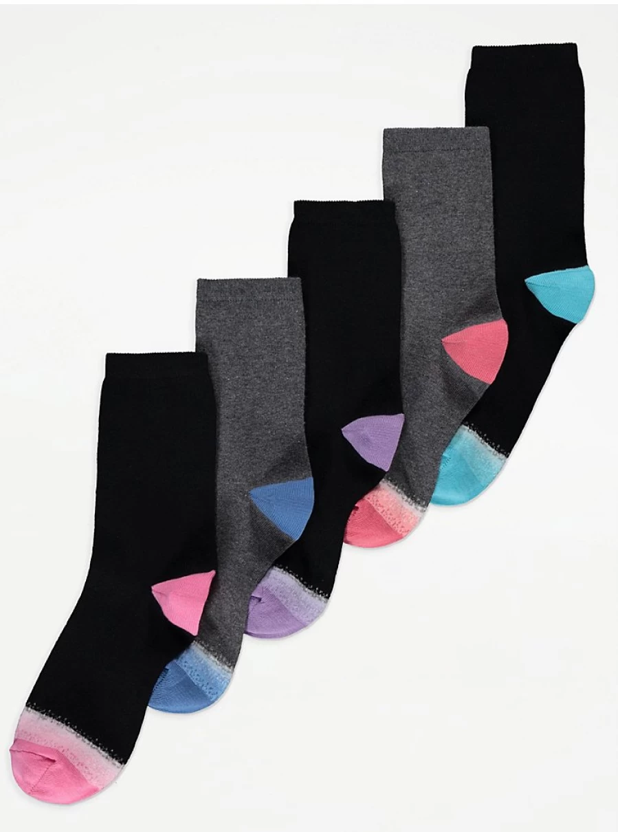 "George at Asda Contrast Heel Ankle Socks 5-Pack - Women's Fashion Lingerie Essentials"