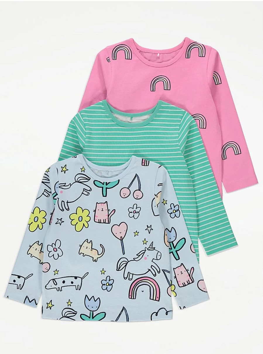 Girls' Fun Printed Long Sleeve Tops 3 Pack | George at Asda | Kids' Fashion