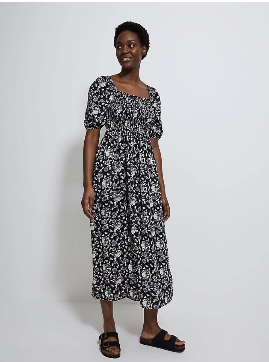 George at Asda Women's Black Floral Shirred Midi Dress - Comfortable & Stylish Summer Dress