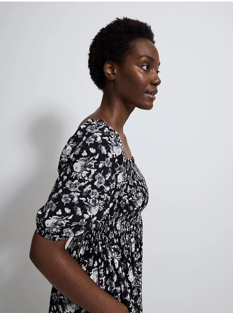 George at Asda Women's Black Floral Shirred Midi Dress - Comfortable & Stylish Summer Dress