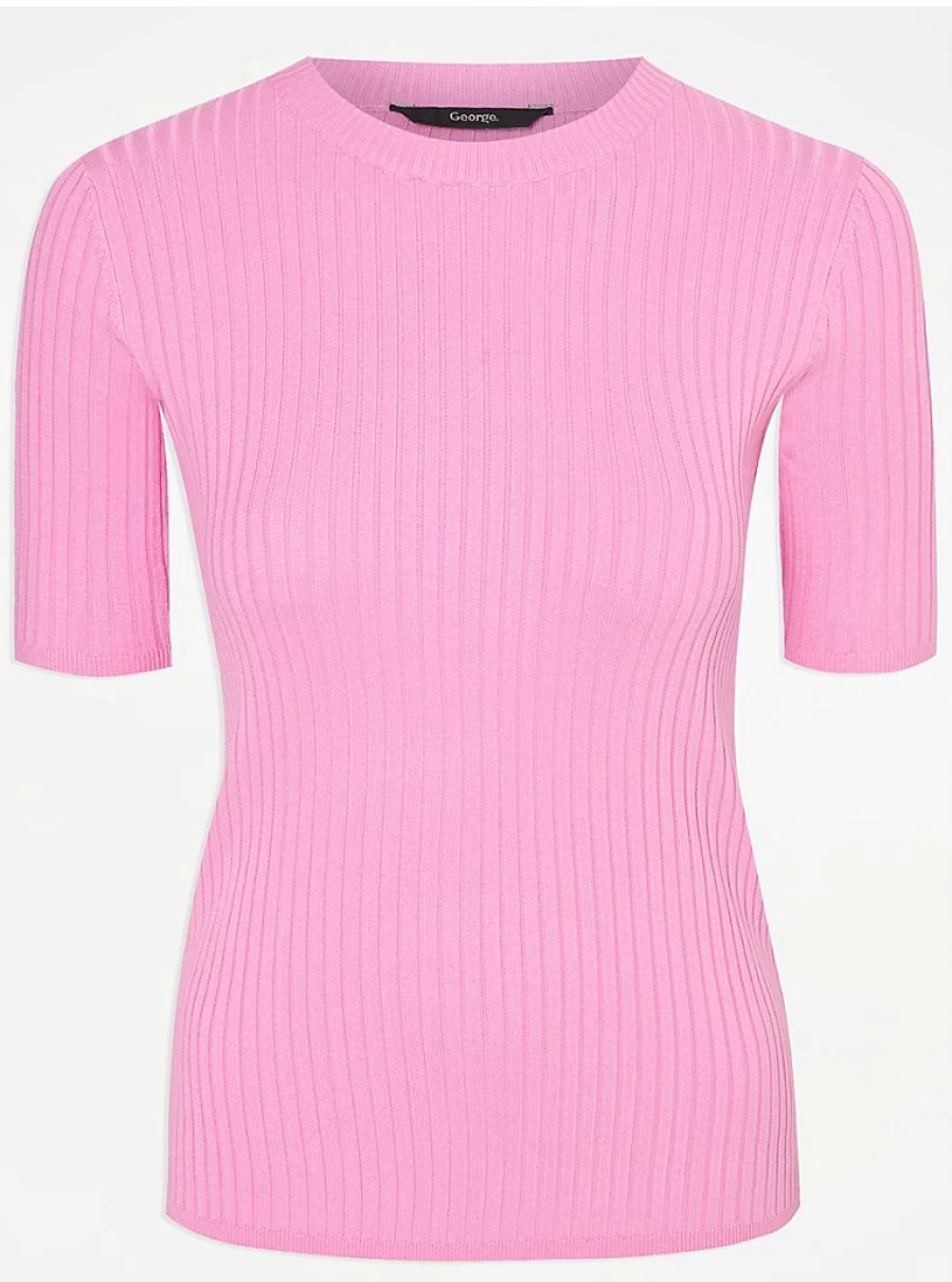 "George at Asda Women's Pink Ribbed Knit Short Sleeve Top | Soft Stretch Comfort Fit"