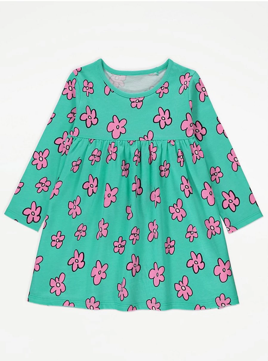 "George at Asda Girls' Bright Green Daisy Print Long Sleeve Dress – Kids Fashion Review"