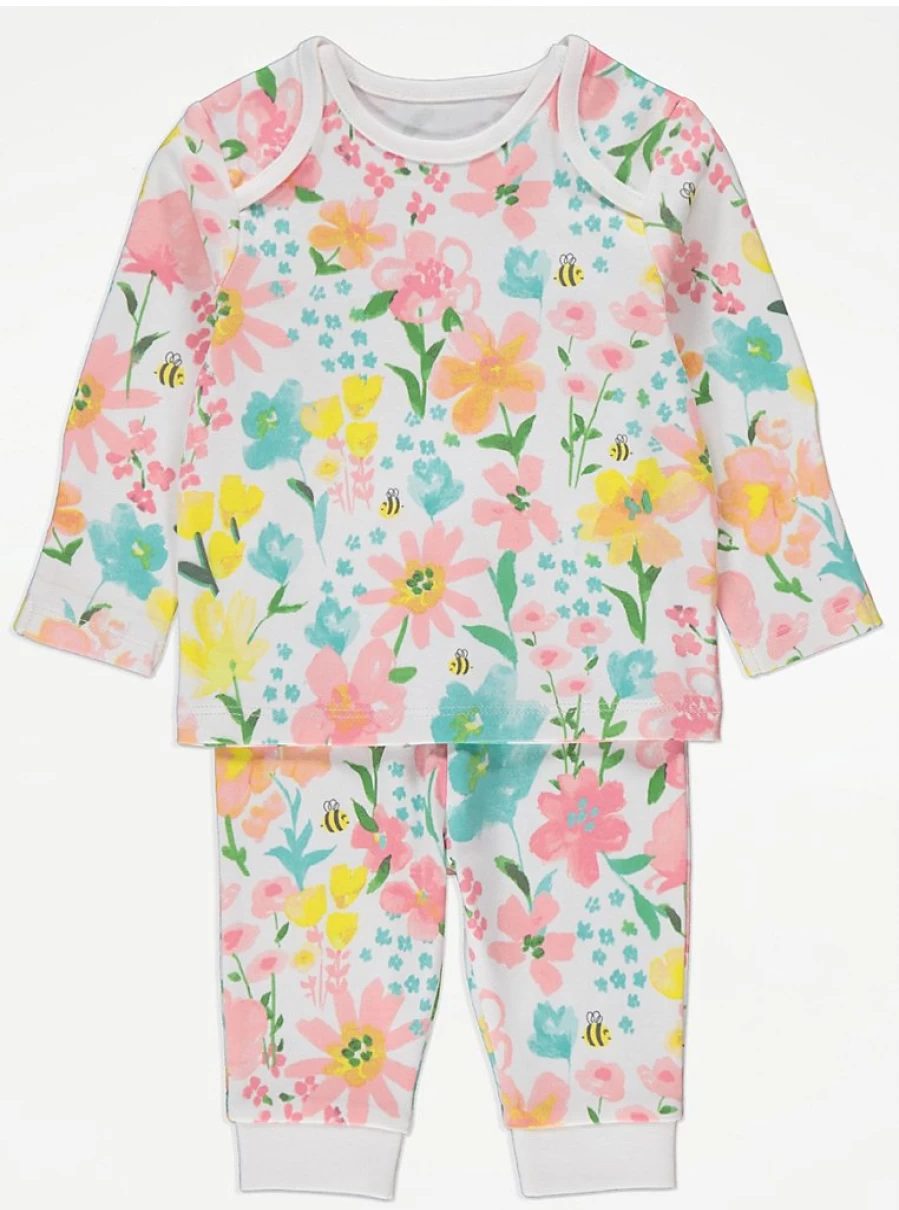 "George at Asda Baby Girls' White Spring Floral Long Sleeve Pyjamas Gift Set"