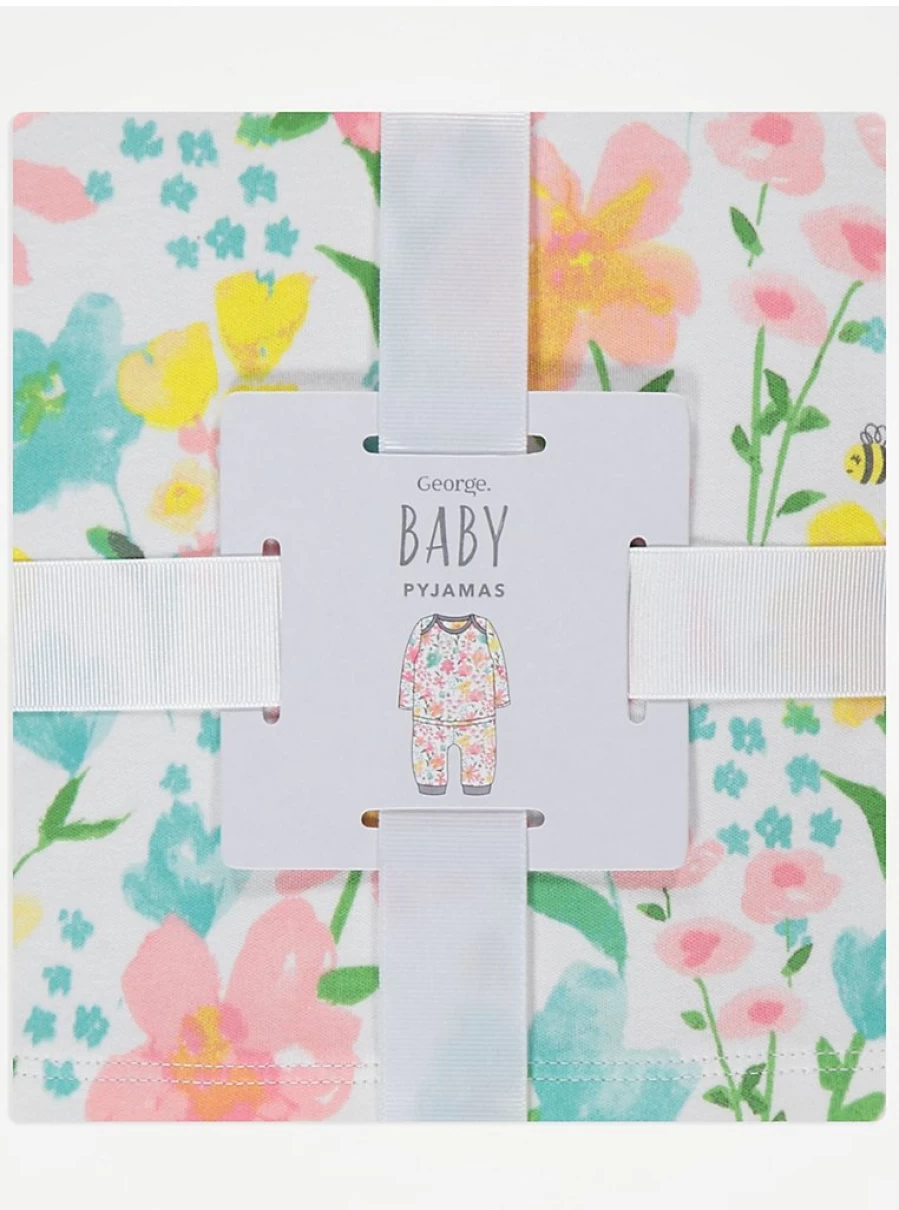 "George at Asda Baby Girls' White Spring Floral Long Sleeve Pyjamas Gift Set"