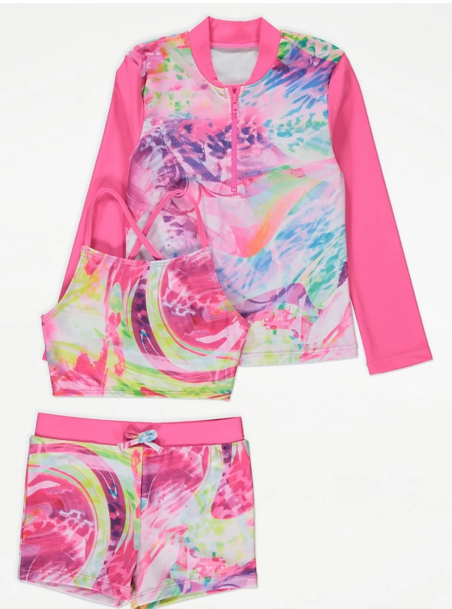 "George at Asda Girls Pink Swirl Rash Guard Swim Top and Shorts Set – Kids Swimwear Review"