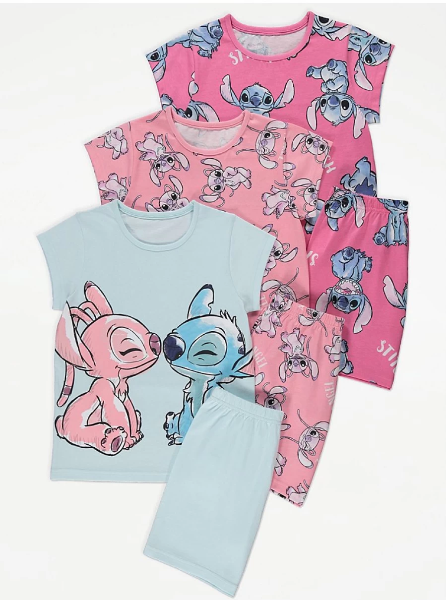 George at Asda Girls' Disney Lilo & Stitch Pink Angel 3-Piece Pyjama Set - Cute Short PJs for Kids