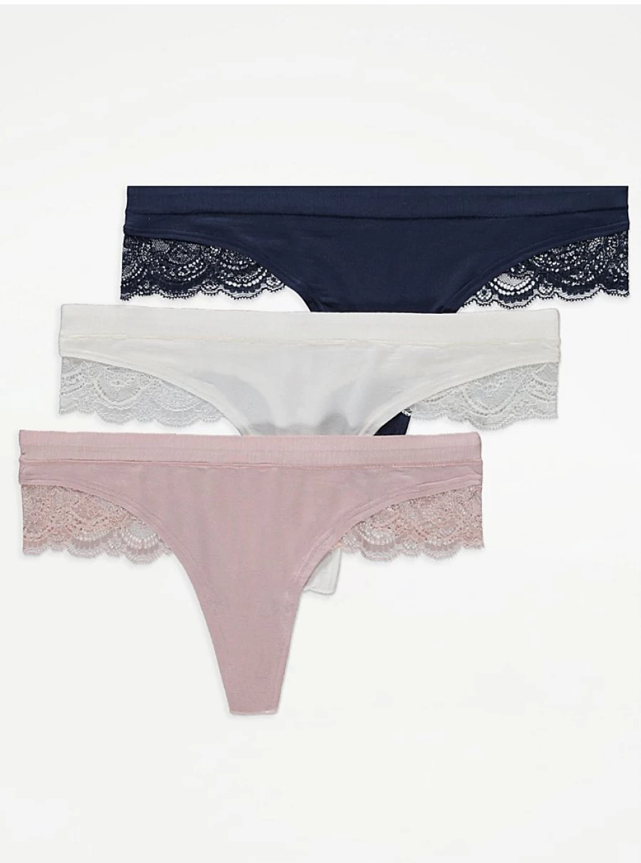 George at Asda Women's Lace Trim Comfort Thongs 3-Pack - Soft Breathable Underwear Set