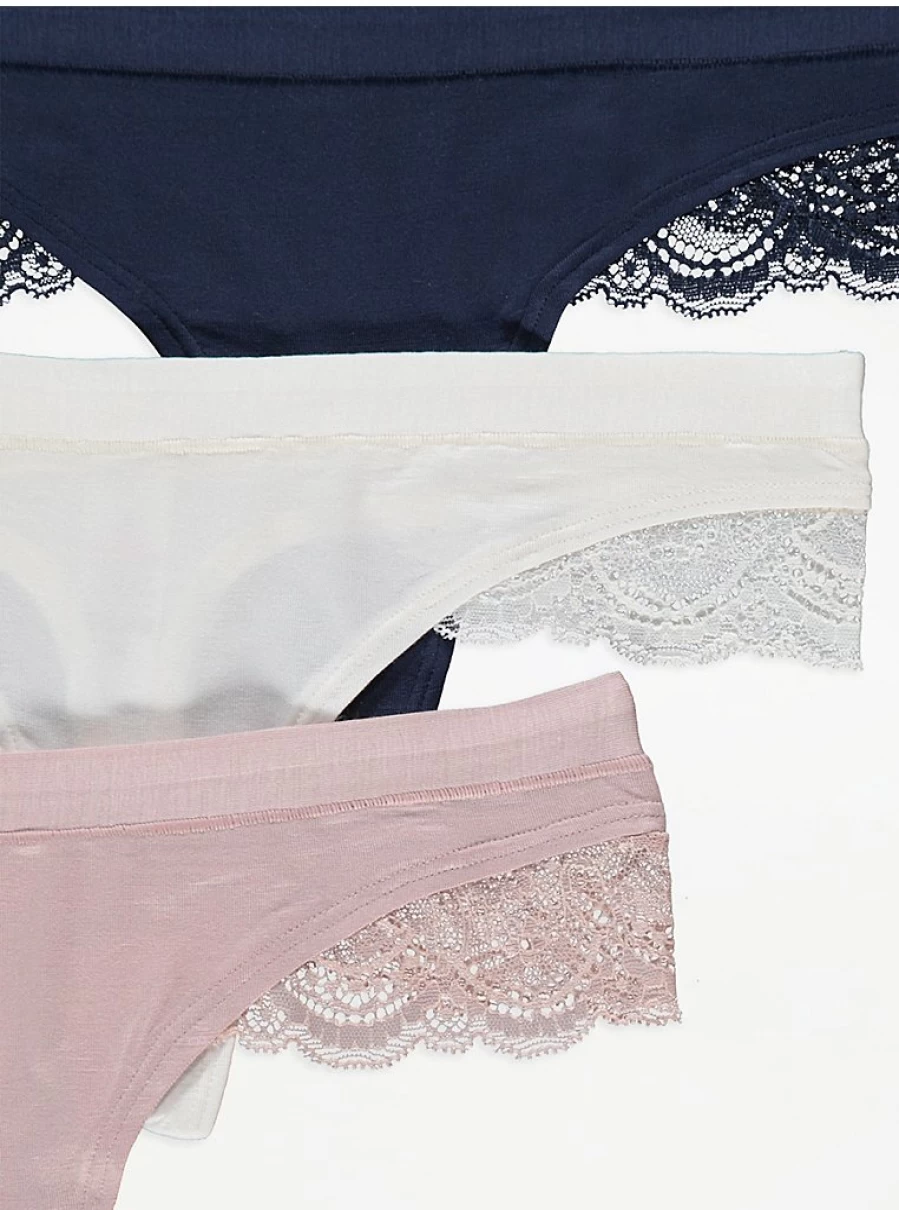 George at Asda Women's Lace Trim Comfort Thongs 3-Pack - Soft Breathable Underwear Set