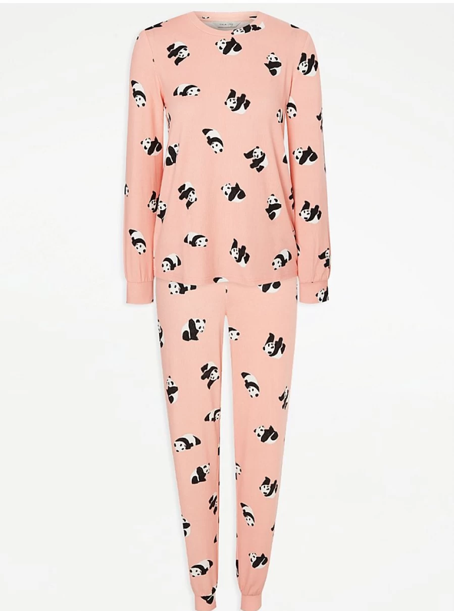 "George at Asda Pink Panda Brushed Knit Long Sleeve Pyjamas | Women's Soft Winter Nightwear"