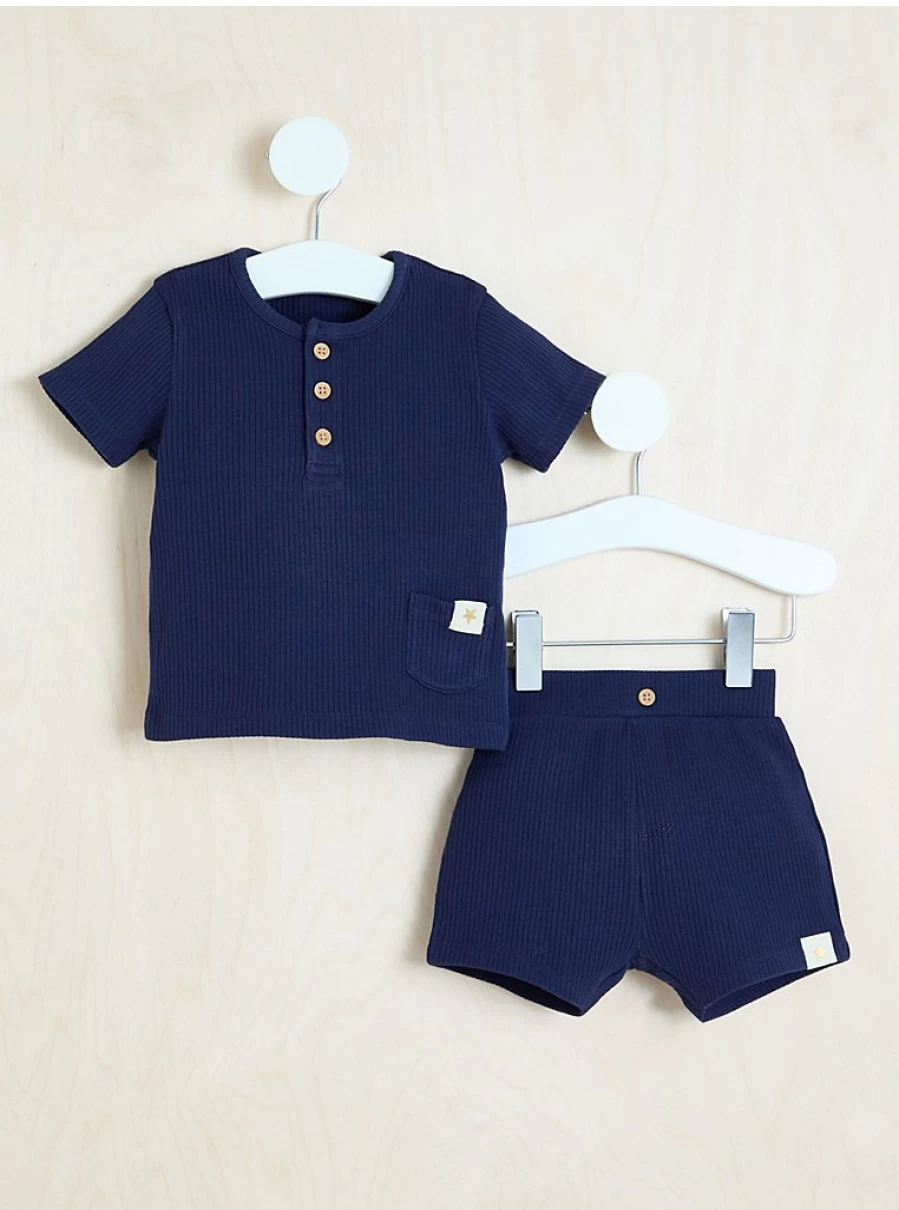"George at Asda Boys Navy Ribbed Jersey Button Neck Top and Shorts Outfit – Billie Faiers Collection"