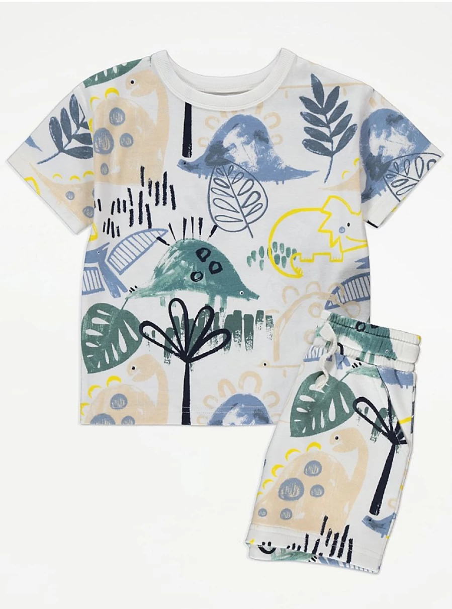 "George at Asda Boys' White Dinosaur Print T-Shirt and Shorts Set - Kids' Graphic Outfit Review"