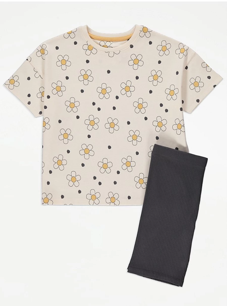 "George at Asda Kids' Daisy Ribbed Cycling Short Pyjamas – Comfortable & Stylish Sleepwear"