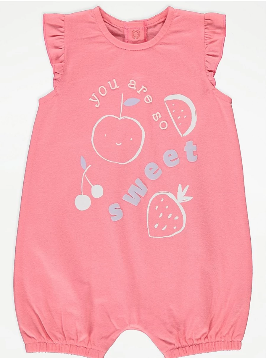 George at Asda Baby Girls' Strawberry Print Frill Trim Short Sleeve Romper 3-Pack - Soft Cotton Playsuits