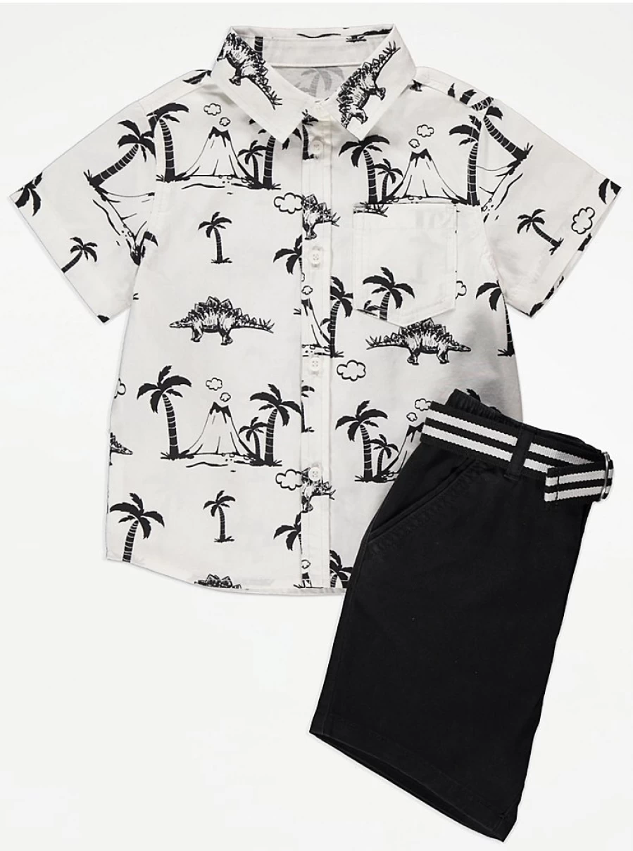 George at Asda Boys' Dinosaur Print Shirt and Shorts Outfit Set - Kids' Playwear & Casual Summer Clothes