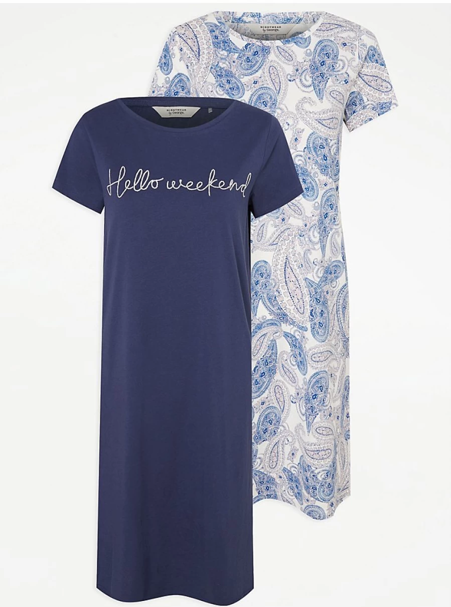 "George at Asda Blue Paisley Nightdress 2 Pack - Comfortable Women's Lingerie Sleepwear Set"