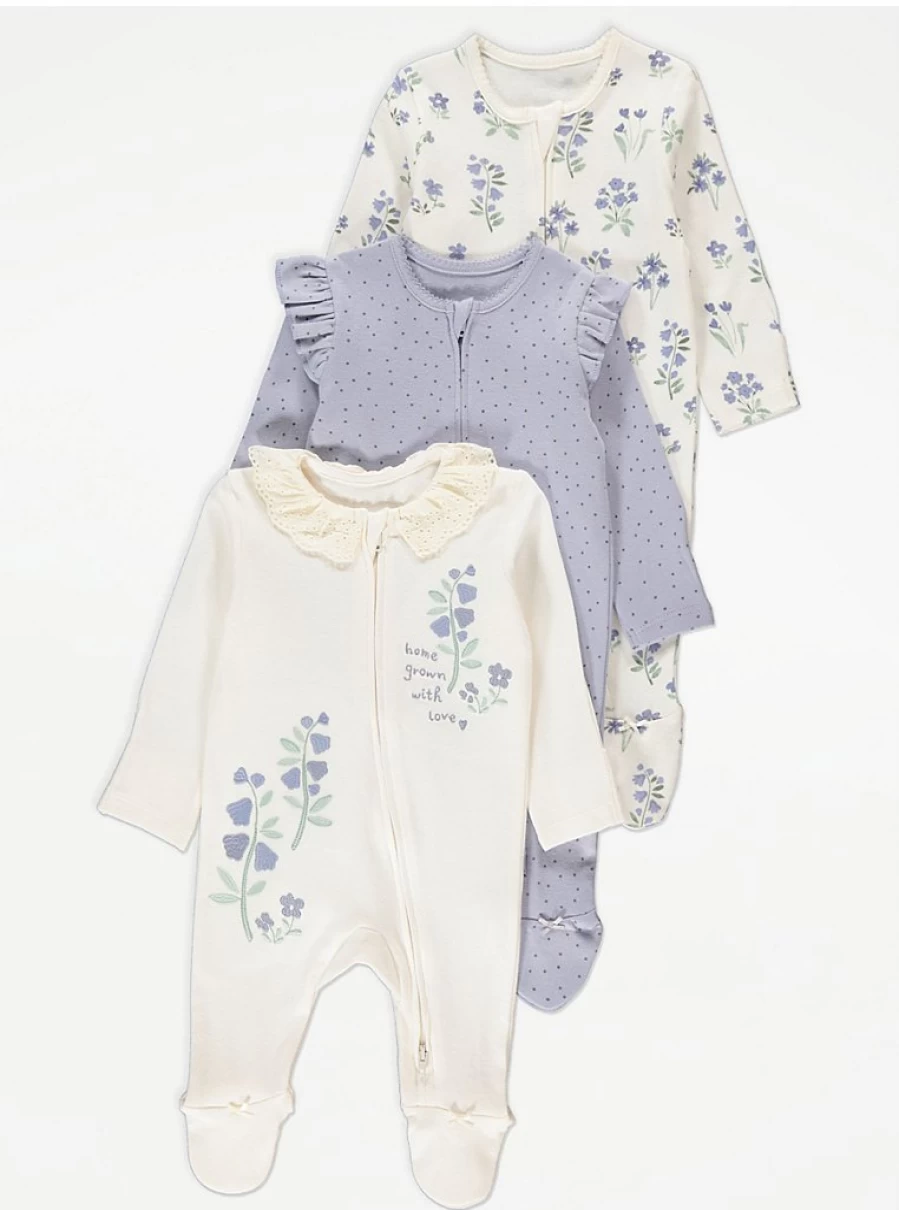 George at Asda Baby Bluebell Embroidered 2-Way Zip Sleepsuits 3-Pack - Soft Cotton Pajama Set for Newborns & Infants